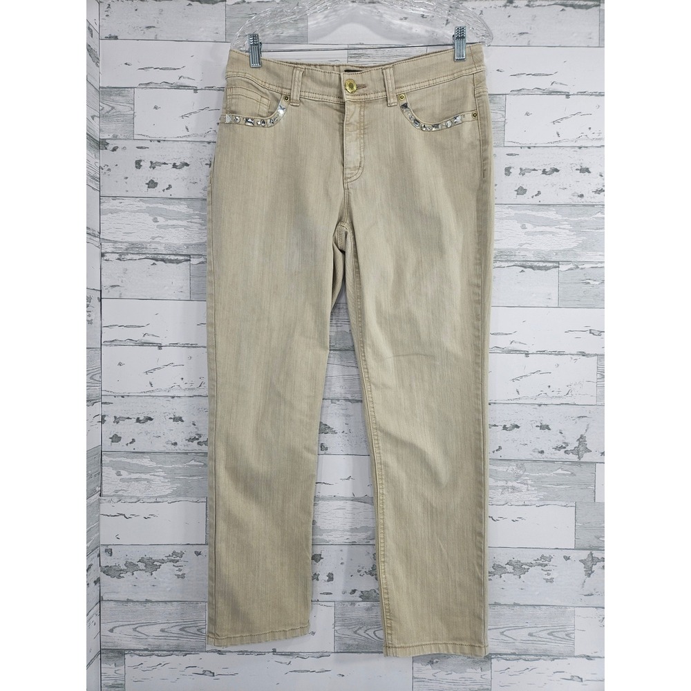Chicos So Slimming Rhinestone Embellished Ankle Jeans Tan Khaki Size 0.5 Small